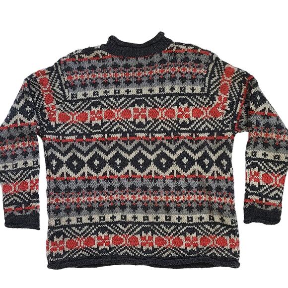 Claudia D oversized gray black red Fair Isle crew neck sweater size XL - Picture 2 of 4